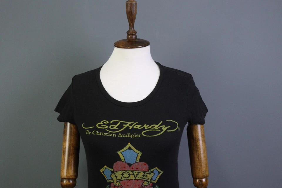 Ed Hardy By Christian Audigier Black Cap Sleeve Top Blouse Shirt Size XS - Image 2 of 4
