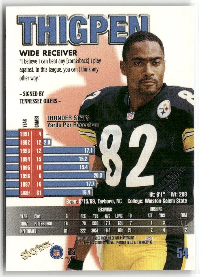 1998 SKYBOX THUNDER YANCEY THIGPEN TENNESSEE OILERS #54 - Image 2 of 3