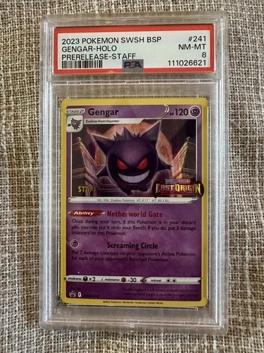 Super Rare 2023 POKEMON SWSH BLACK STAR PROMO PRERELEASE-STAFF #241 GENGAR PSA 8