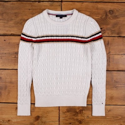 Tommy Hilfiger Pullover Pulli S Damen Baumwolle gestreift Preppy weiß Zopfmuster