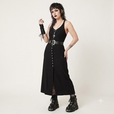 Karen Kane Button Front Maxi Dress Vtg14 US 10 Black Wool Blend Suspender Y Back