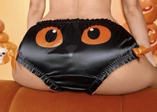 Silky Black Satin Crinkle Edge Halloween Bat Face Bum Bikini Panties XL NEW!