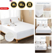 Cotton Percale Fitted Sheet Queen Size Cooling Breathable Crisp Soft