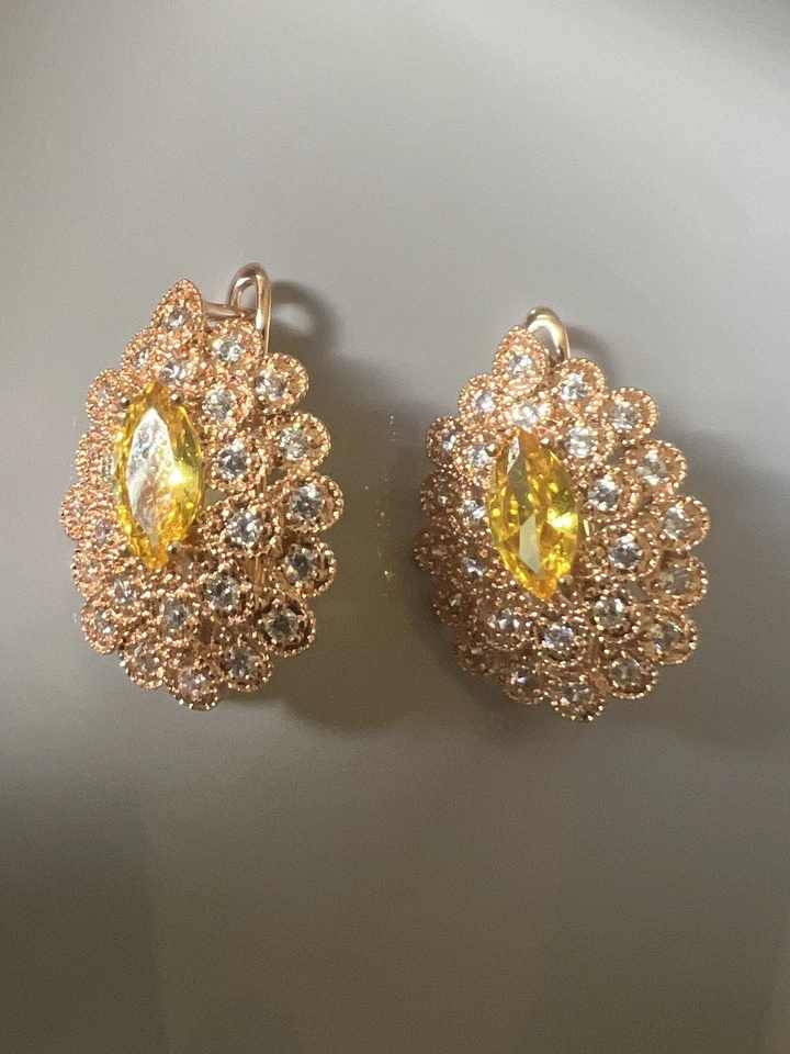 14k Rose Gold Plated Natural Zircon Citrine Jewelry Set Ring 9 Necklace 24” Set - Image 3 of 4