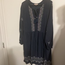 Knox Rose Balloon Long Sleeve Embroidered Boho Cross Stitch Dress Blue