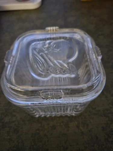 Vintage Federal Ribbed Clear Depression Glass Refrigerator Dish w/Lid-Vegetables