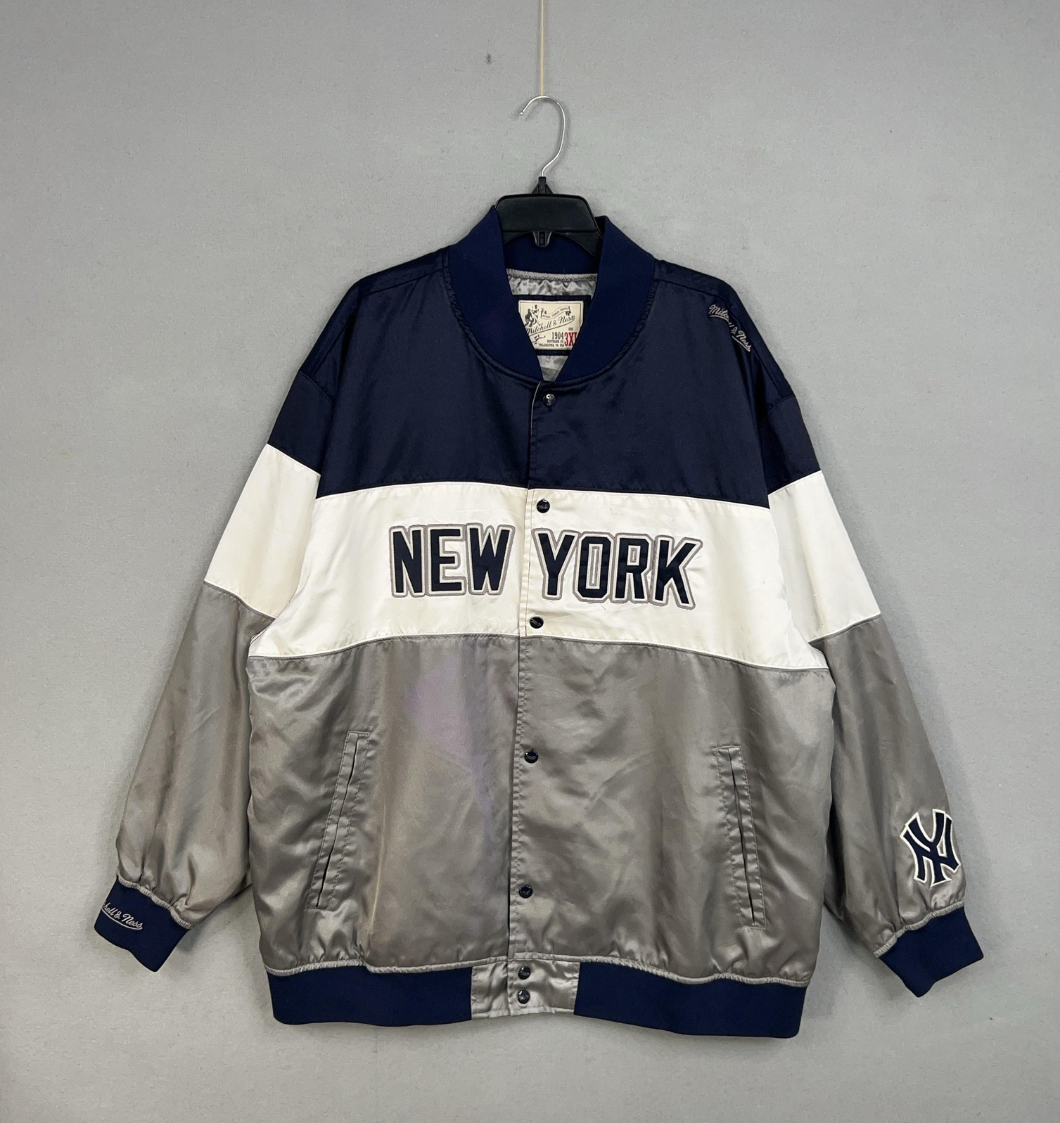 New York Yankees Jacket Mens 3XL Blue Gray MLB Baseball Satin Snap Front Bomber