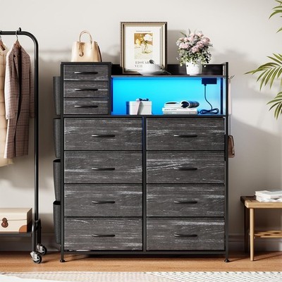 Dresser with 8+3 Drawers for Storage Clothes Charging Station & LED Lights Hooks