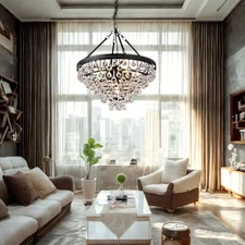 20" Black Round Crystal Chandelier, Minimalist, Adjustable Height