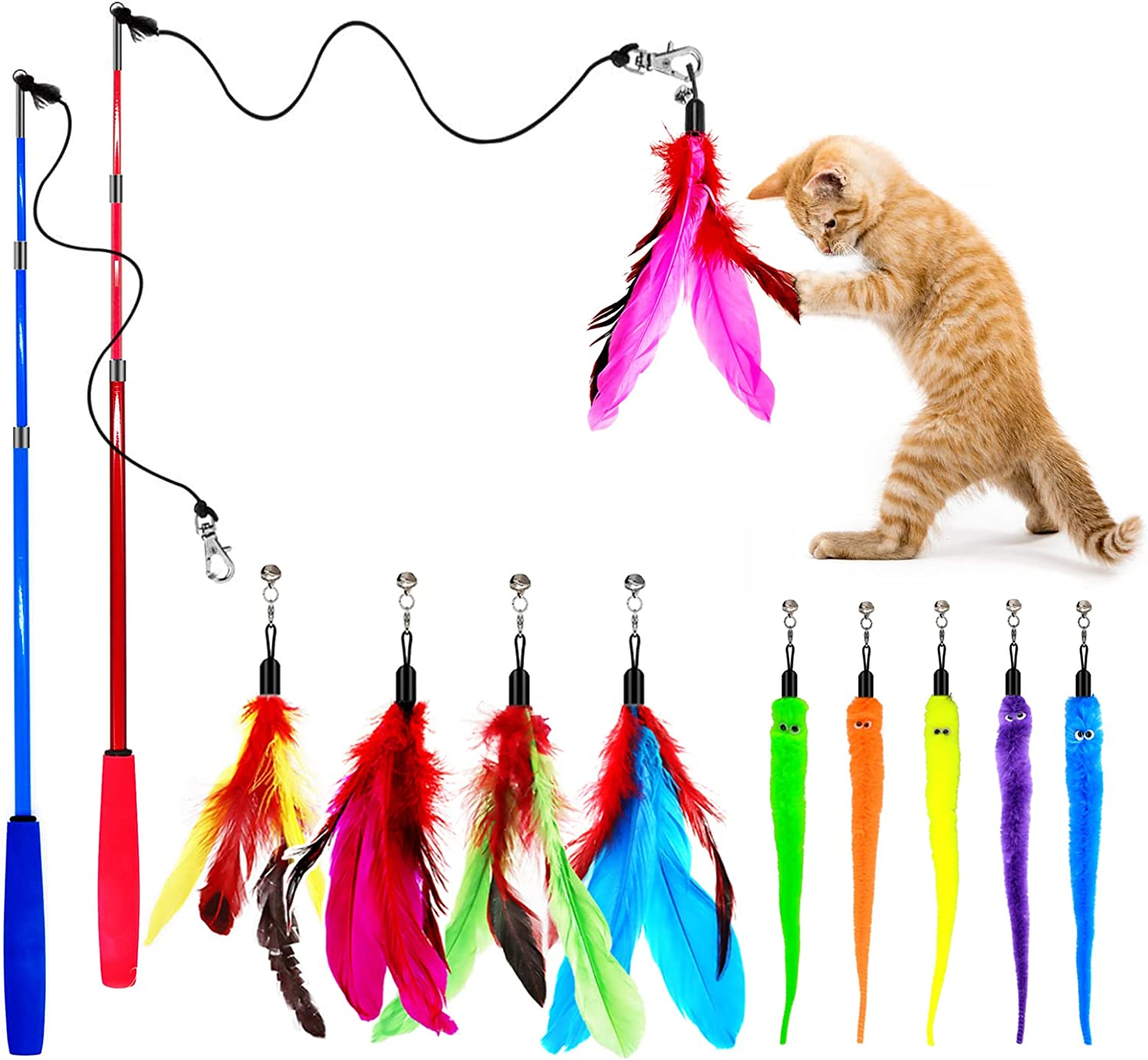 Cat Wand Toy Interactive and Retractable with Replacement Refills Feather Teaser