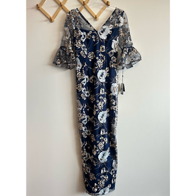 NWT ADRIANNA PAPELL V-Neck Embroidered Bell Sleeve Gown Maxi Navy Silver Size 2 | eBay NWT ADRIANNA PAPELL V-Neck Embroidered Bell Sleeve Gown Maxi Navy Silver Size 2 | eBay