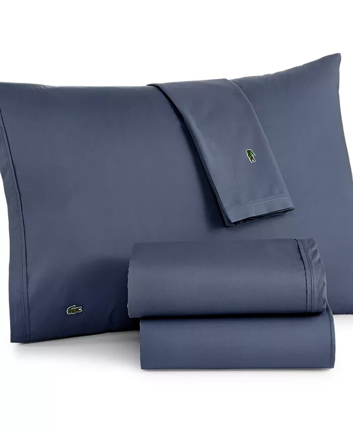 Lacoste Home Solid Cotton Percale Sheet Set, Queen,Vintage Indigo