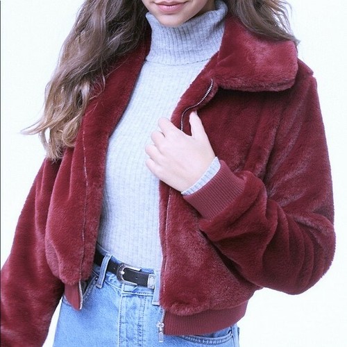 cropped red faux fur jacket