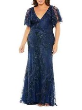 Mac Duggal Midnight Blue Embellished Embroidered Flutter Sleeve Gown 20W $598