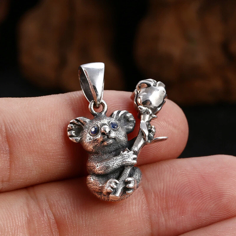 Colgante de plata esterlina S925 KOALA & ROSE ojos azules lindo animal tailandés oxidado Foto 4 de 4
