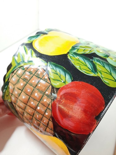 VTG HOSLEY Sculptures HAND MADE INDIA Tin Fruit Painted CANISTER Basket Planter - Picture 10 of 11