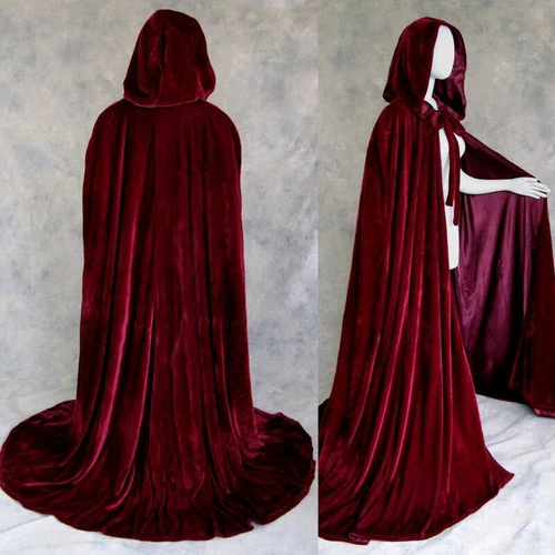 Velvet Hooded Cloak Wedding Cape Halloween Medieval Bridal Robe Cosplay Costume - Picture 10 of 13