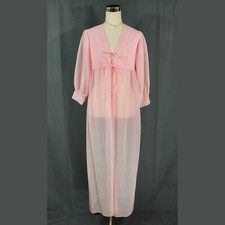Vintage Pink Sheer Chiffon Lace Trim Tie Lingerie Peignoir Negligee Robe 1970s