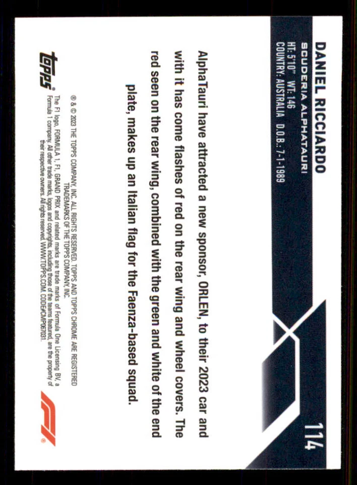 2023 Topps Chrome Formula 1 #114 Daniel Ricciardo CAR - Image 2 of 2