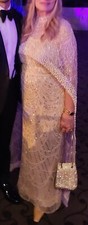 Couture Champaign Beads Pearls Evening Gown Straples Cape Wedding Long Dress