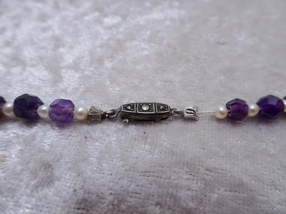 Antico Ametista U. Perle Collana - Chiusura 835er Argento - Vintage - Handmade - Immagine 3 di 4
