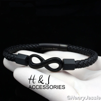 8''MEN WOMEN Stainless Steel Solid Black Fashion Infinity Leather Bracelet*ABB94