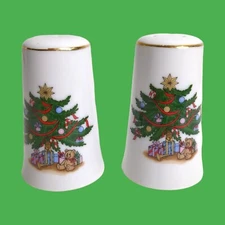 Sanyei Christmas Salt & Pepper Shakers Christmas Tree Gold Trim White Japan VTG