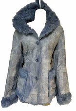 Vtg Real Rabbit Fur Coat  Luxury Soft Hood + Pockets Distressed Denim Look S/m