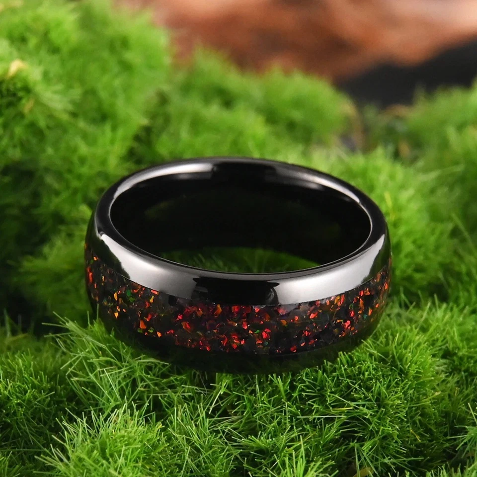 Anillo de carburo de tungsteno para hombre incrustación de ópalo aplastado moda compromiso joyería regalo Foto 3 de 4