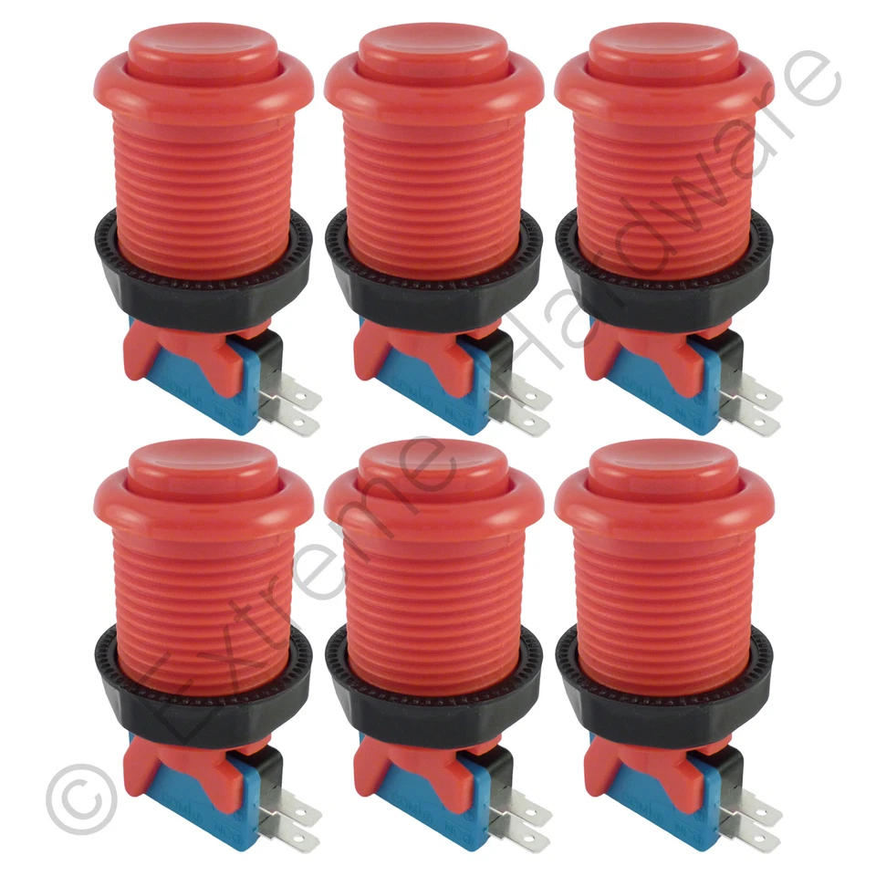 6 x Happ Style 28mm Round Classic Arcade Buttons & Microswitches (Red) - MAME
