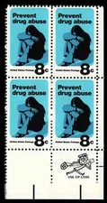 US Scott # 1438, Prevent Drug Abuse, Zip Block of (4) 1971 8¢ Stamps, MNH