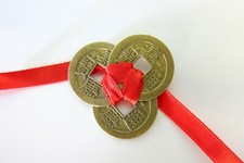 Trio Feng Shui Lucky Chinese I-Ching Coins Set of 3 Tied Red Ribbon 24mm