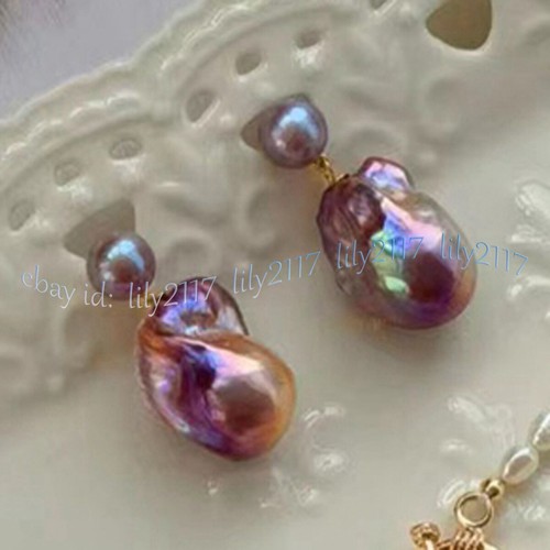 HUGE REAL NATURAL PURPLE KESHI BAROQUE PEARL DANGLE GOLD STUD EARRINGS AAA - Picture 2 of 8