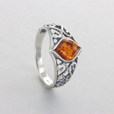 Cognac / Brown BALTIC AMBER ''Antique Look'' Ring - 925 STERLING SILVER  Poland 4e