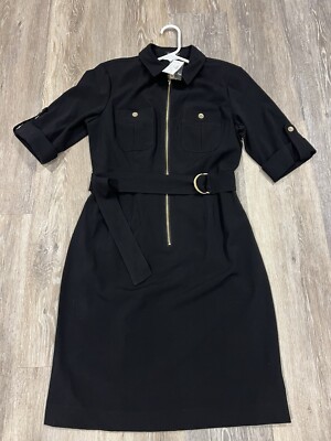 NWT Roz & Ali Black Shirt Dress, 8P, Gold Buttons/Zipper Accents, Belted |  eBay