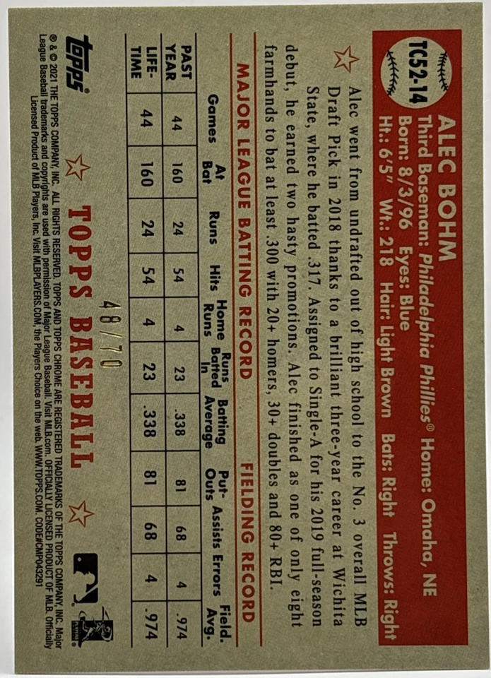 2021 Topps Chrome - Alec Bohm -  1952 Red Refractor /70 - Rookie RC Color Match - Image 2 of 3