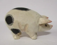 small carved wood pig hog piggy figurine white w/ black spots