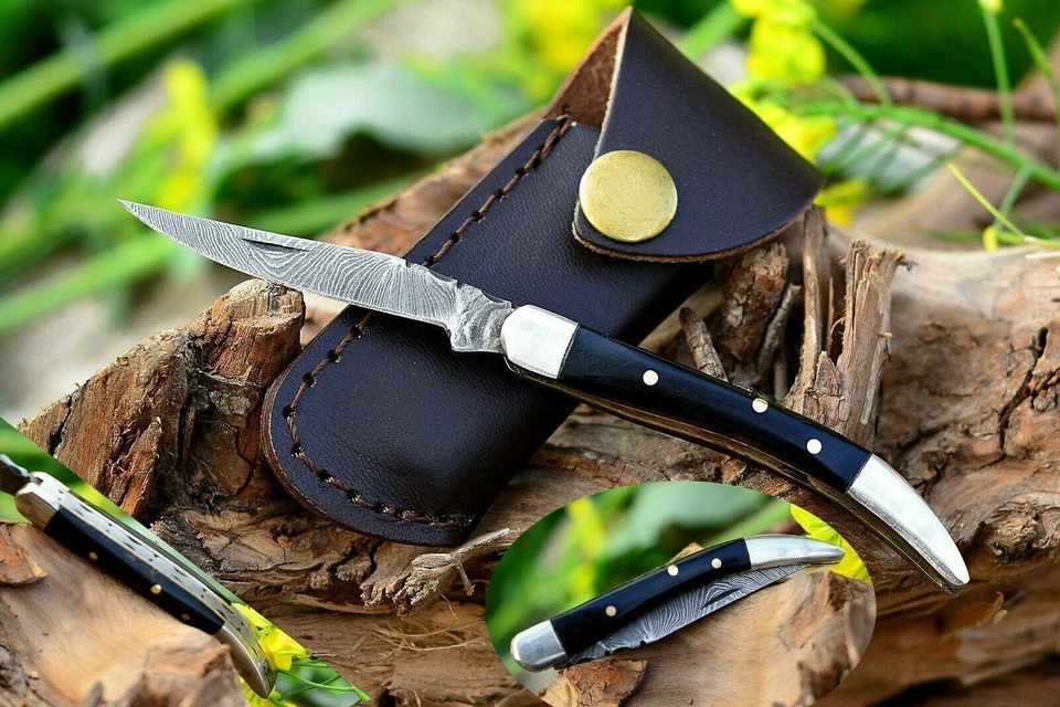 SHARD™ 手工锻造德州牙签大马士革钢折叠口袋刀带鞘 — 第 2/4 张图片