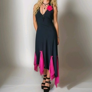knee length black dress Black Cotton Flax Knee Length Princess Line Dress 60" / Petite (5'1" and below)