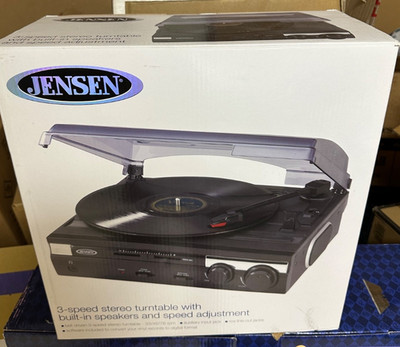 Jensen JTA-230 3 Speed Stereo Turntable with Speaker Aux in, Vinyl to MP3 Black