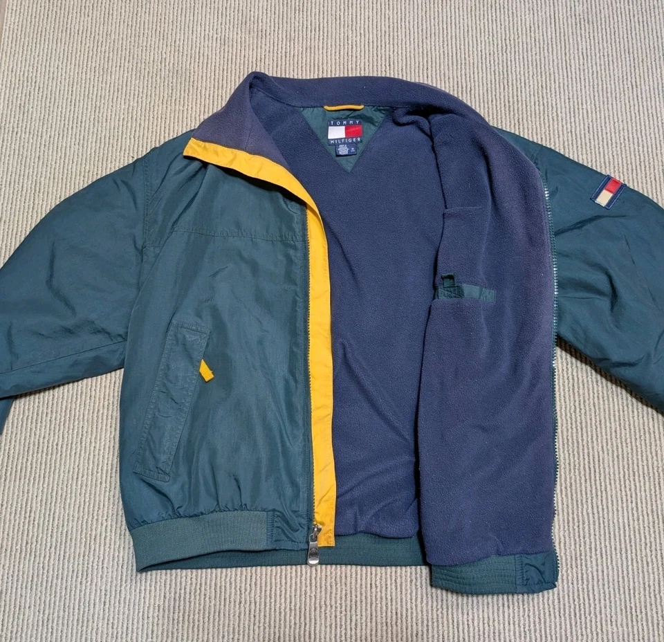 Vintage Tommy Hilfiger Windbreaker Jacket Large Green Yellow Fleece - Image 3 of 4