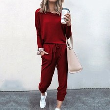Womens Long Sleeve Plain LoungeWear Comfy Casual Two Piece Ladies Tracksuit Set