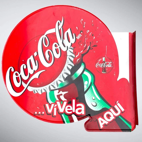 Vintage Spanish Coca Cola Bottle Flange Sign AQUI VIVELA Metal Coke Advertising