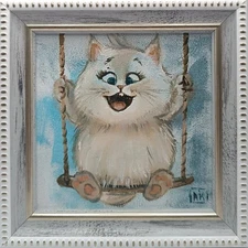 Original oil painting Cat Naive art Artist's signature Miniature Size 4*4 inches