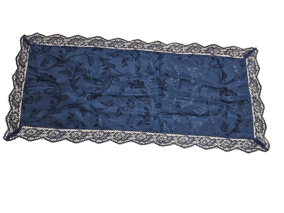 Corredor de Mesa Azul Cobalto 33"x15" Borde de Encaje Poliéster Brillante Floral Tono sobre Tono Foto 2 de 4