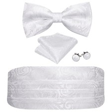 Men Cummerbund Bow Tie Set Silk Paisley Formal Pre-Tied Bowtie Pocket White a