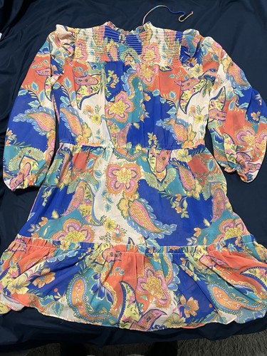 Boston Proper Womens Puff Sleeve Dress Size XL Blue Pink Paisley Floral Ruffles - Picture 11 of 13