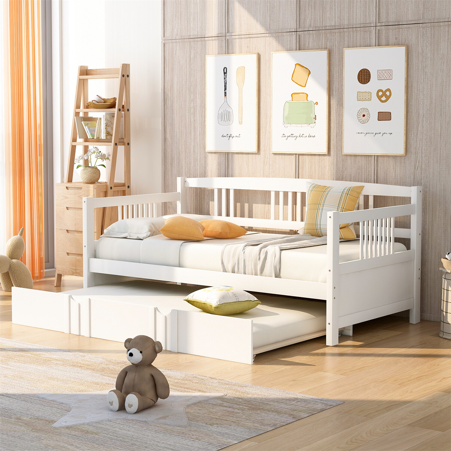 Twin daybed with trundle in white or espresso wood frame