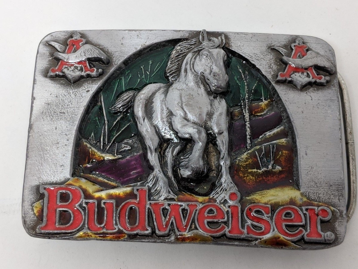 [レア]80s 90s Budweiser 本革ベルトVINTAGE馬車usa製 Men's Vintage Budweiser Tooled Clydesdales Leather Belt and
