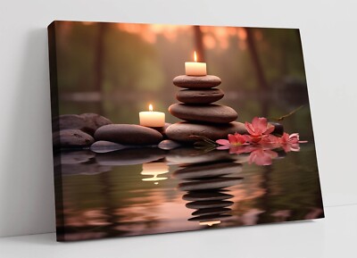 ZEN STEIN STAPEL MIT KERZEN 1 BERUHIGENDES SPA - TIEF GERAHMTER LEINWANDBILD KUNSTDRUCK